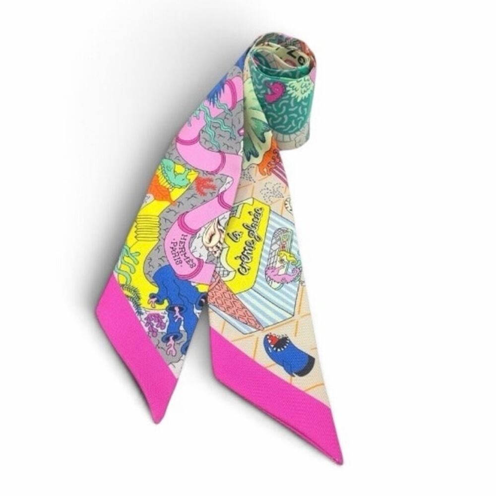 Hermes Splash Park Twilly 100% Silk Scarf in Blue Pink Multicolor w/ Box